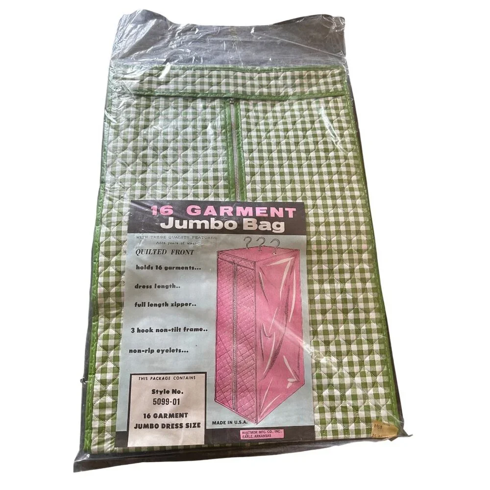 Vintage Sealed Closet Hanging Jumbo Garment Bag Gingham Print Quilted Front